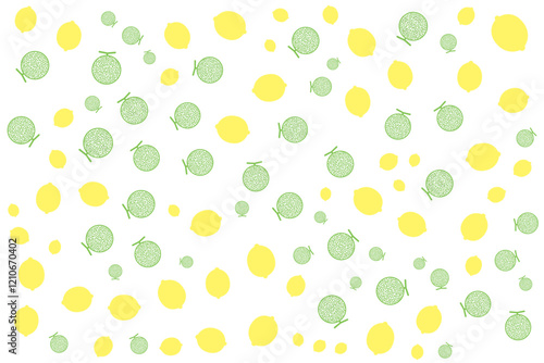 Green Melon, Green Nutmeg Melon, Cucumis melo, Yellow Lemon fruit seamless background texture, freshness fruit and drink, gift, present box paper, backdrop