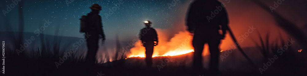 Fototapeta premium Firefighters at Night, Wildfire Scene