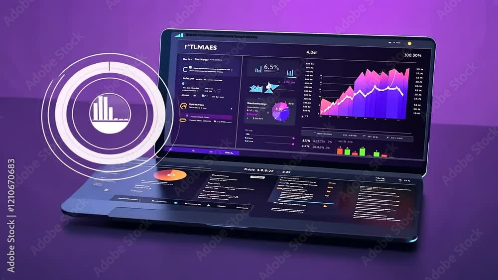 A futuristic laptop displaying data analytics and visualizations. A futuristic laptop displaying data analytics and visualizations.