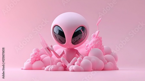 Pink alien using tablet in pink cloudscape, digital art