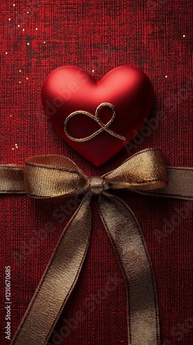 Red heart with yellow ribbon tied in a bow on a vibrant red background.