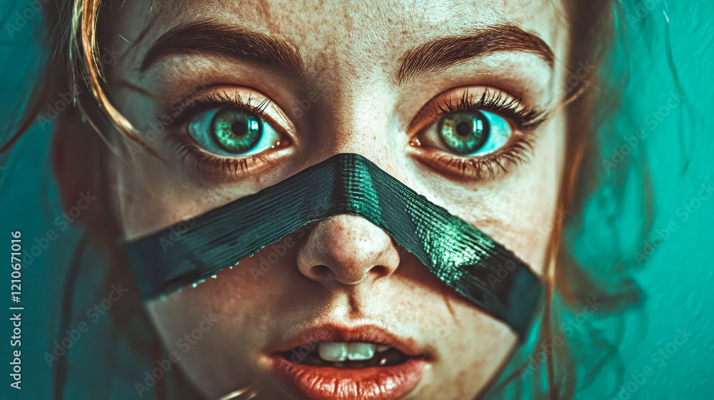 Fototapeta premium Young person with striking blue eyes and black tape across face expressing strong emotions in a creative artistic portrait