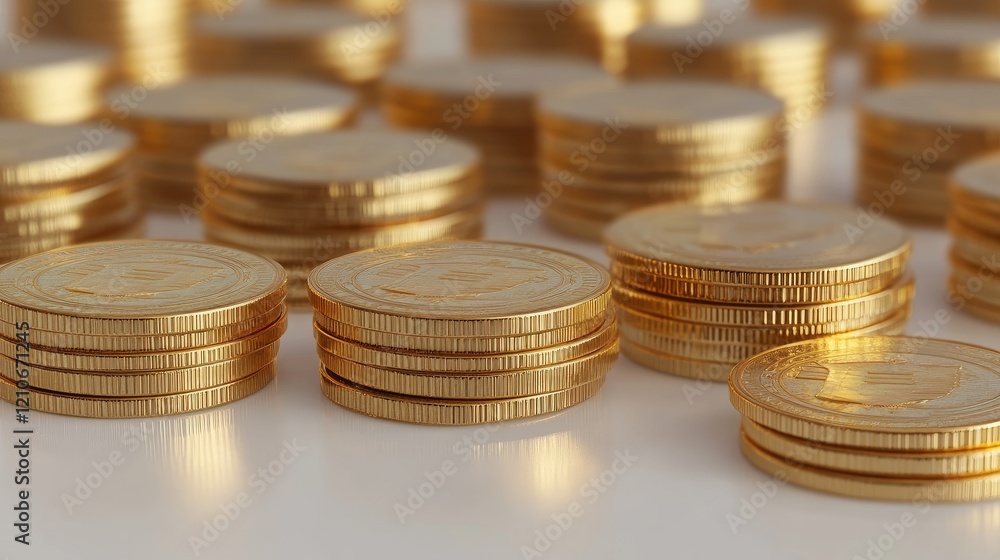 Stacks of shiny golden coins on a clean white surface.
Stacks of shiny golden coins on a clean white surface.