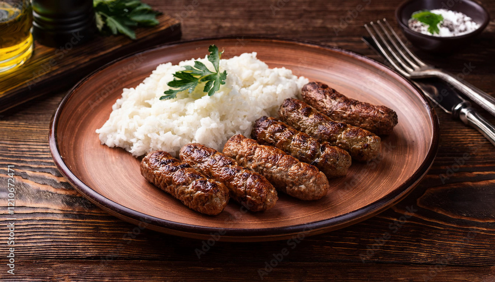 A plate of Balkan cevapi, grilled sausages, served with fluffy white rice and a small bowl of sauce.
A plate of Balkan cevapi, grilled sausages, served with fluffy white rice and a small bowl of sauce.
