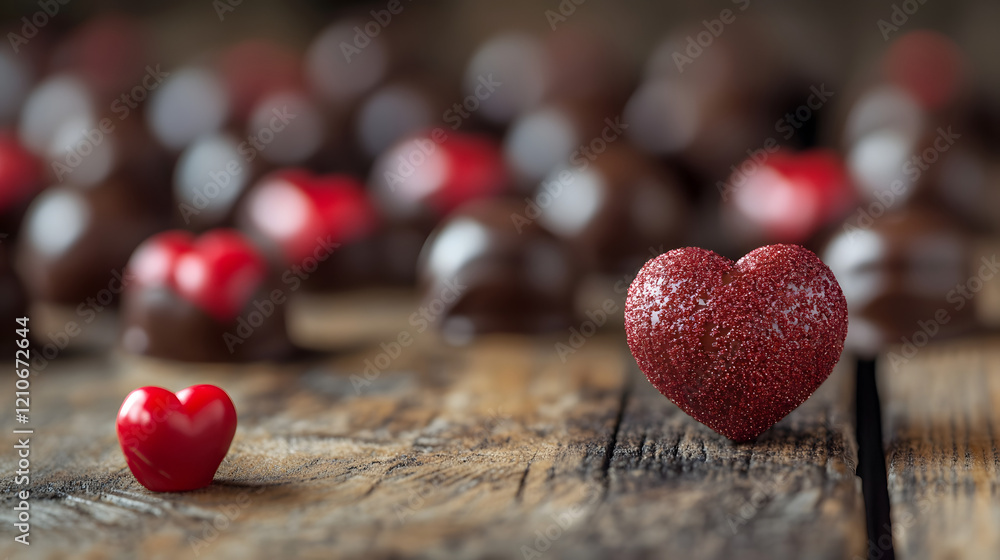 Fototapeta premium Red Glitter Heart Decorations with Chocolate Candies on Wooden Surface for Romantic Occasions : Generative AI