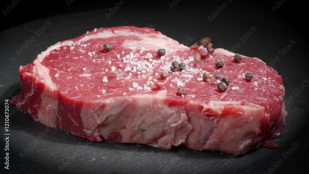 Raw Beef Steak Seasoned with Coarse Salt and Peppers in Slow Motion. Meat Rotating Background. Ribeye Close Up Video Backdrop. Food Concept. Ready to Grill Meat Raw Beef Steak Seasoned with Coarse Salt and Peppers in Slow Motion. Meat Rotating Background. Ribeye Close Up Video Backdrop. Food Concept. Ready to Grill Meat