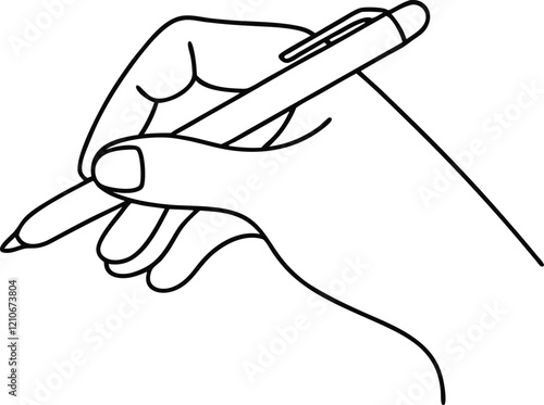 Line drawing of a right hand holding a pen, poised for writing or drawing. Simple, clean lines depict the action of writing or sketching. A classic illustration of the writing process.