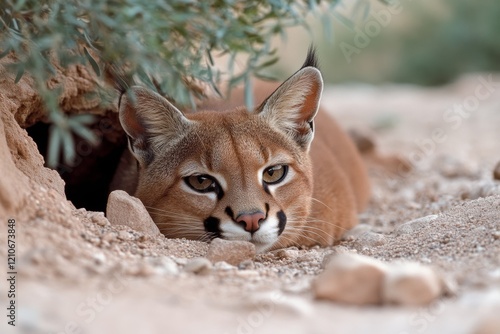 A caracal lounges on sandy terrain, its sharp eyes and tufted ears capturing the grace and fierceness of this majestic wild cat. photo