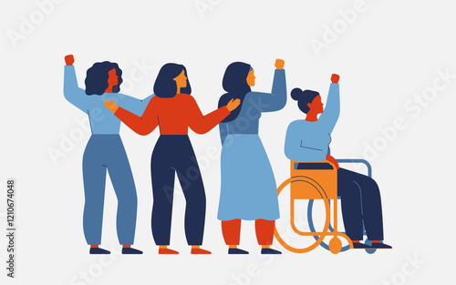 group of different women stand together for females rights and freedoms. Girls fight and protest for equality and inclusion.   Community unity friendship and support concept