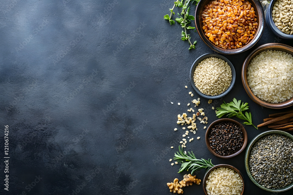Assorted Organic Grains and Herbs Arranged on a Slate Tabletop : Generative AI Assorted Organic Grains and Herbs Arranged on a Slate Tabletop : Generative AI