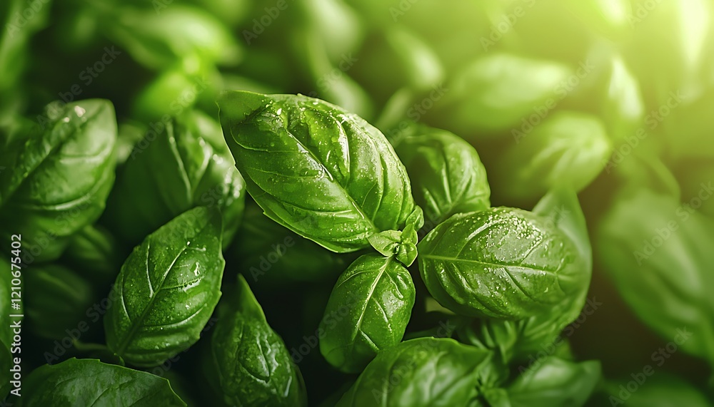 Fototapeta premium Fresh basil blended into a bright green pesto, highlighting its versatility for various culinary uses.
