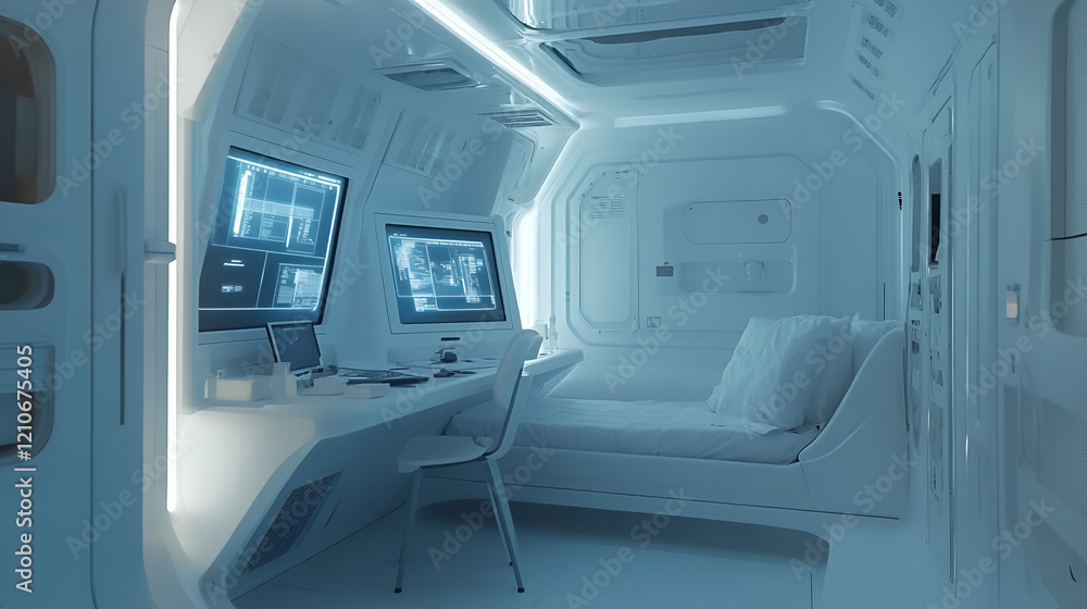 Fototapeta premium A pristine, minimalist futuristic room with a desk, dual monitors, and a stark white bed