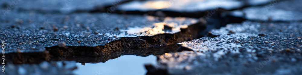 Cracked Asphalt Pavement with Water Cracked Asphalt Pavement with Water