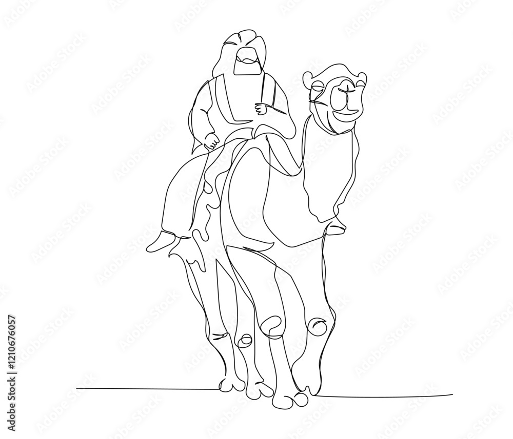 Fototapeta premium Arab man riding a camel, Bedouin wearing a keffiyeh one line art. Continuous line drawing of online Muslims, Islam, traditions, clothing, folk, oriental.