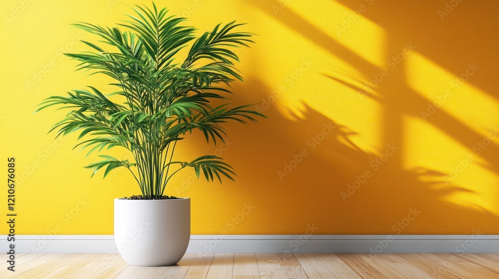 home decor scene showcasing a modern houseplant in a crisp white pot, placed against a warm yellow wall. home decor scene showcasing a modern houseplant in a crisp white pot, placed against a warm yellow wall.