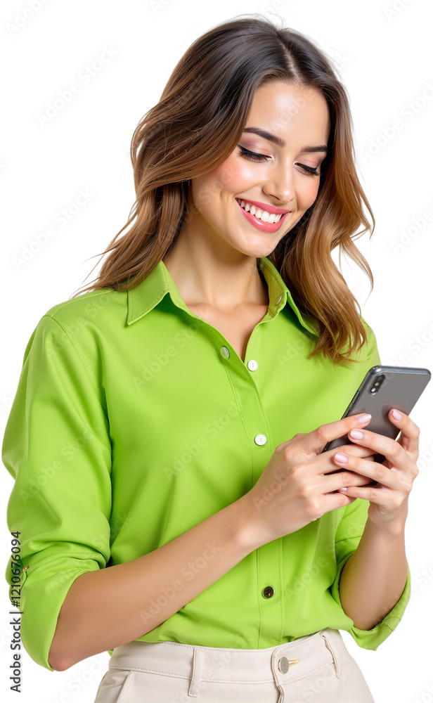 A young woman enjoys a vibrant city break, pausing on the street to check her smartphone, PNG A young woman enjoys a vibrant city break, pausing on the street to check her smartphone, PNG