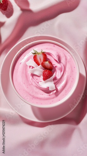 pink smoothie bowl is filled with a vibrant pink dragon fruit smoothie, its surface smoothed to perfection. It’s topped with delicately arranged garnishes in matching hues, monochrome