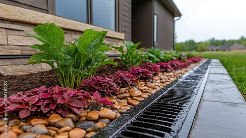 Lush landscaping with rain-soaked plants and decorative stones bordering a drainage system next to a modern home.