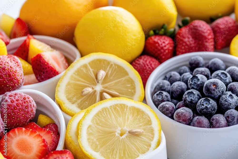 A close-up view of a colorful fruit plate featuring lemons, strawberries, and blueberries A close-up view of a colorful fruit plate featuring lemons, strawberries, and blueberries