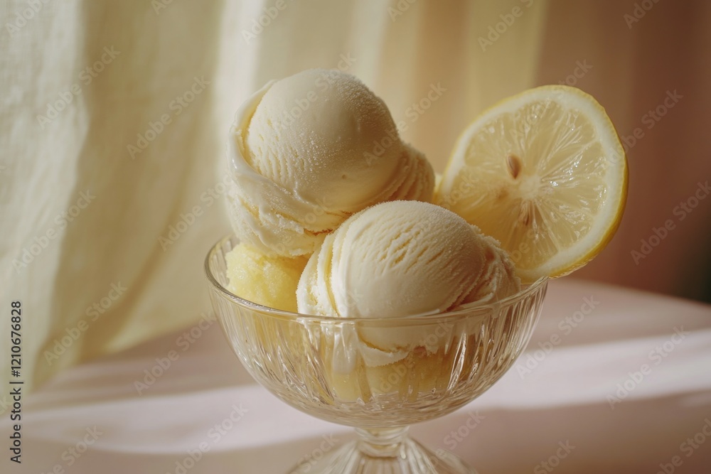 A glass bowl filled with three scoops of creamy lemon ice cream A glass bowl filled with three scoops of creamy lemon ice cream