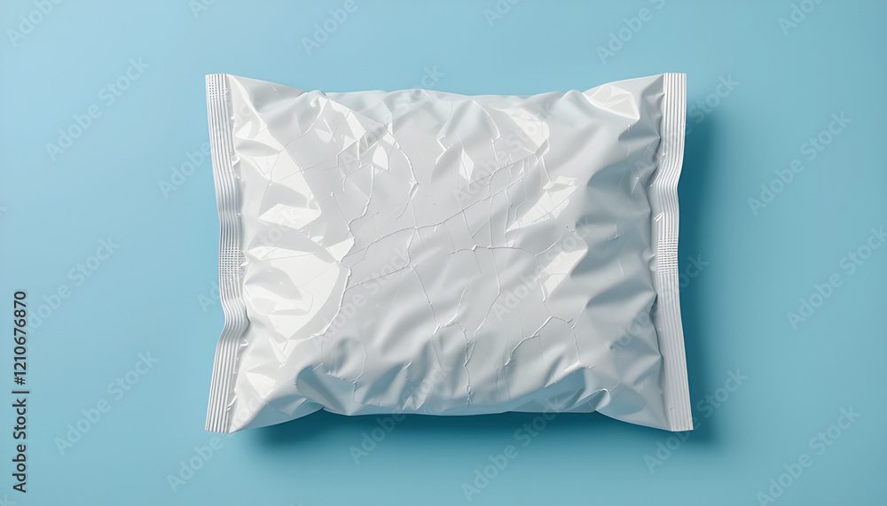 Obraz premium white snack plastic packaging for mockup on light blue background