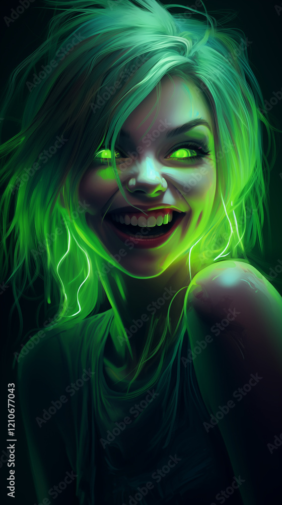 Hyperrealistic digital art of a girl with bipolar disorder and madness, laughing with neon green glowing eyes, resembling a demon. Hyperrealistic digital art of a girl with bipolar disorder and madness, laughing with neon green glowing eyes, resembling a demon.