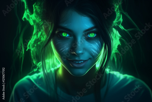 Hyperrealistic digital art of a girl with bipolar disorder and madness, laughing with neon green glowing eyes, resembling a demon.