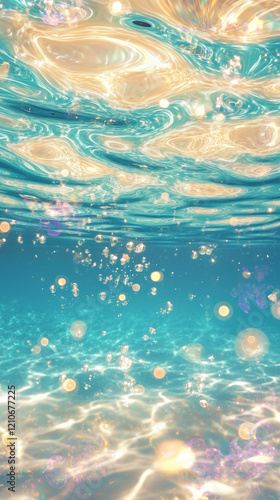 Dreamy underwater scene with sunlight reflections and bubbles. Vibrant summer, vacation, sea themed vertical background