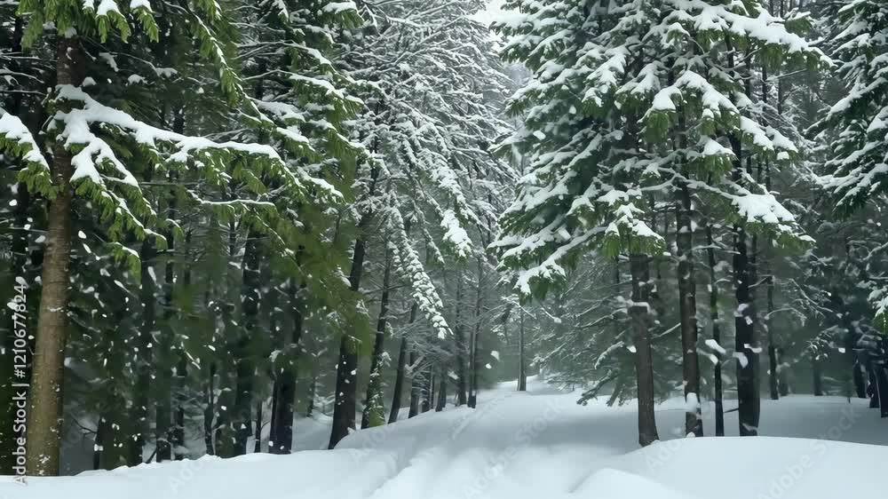 Winter wonderland: snow-covered forest transitions from daylight to dusk
