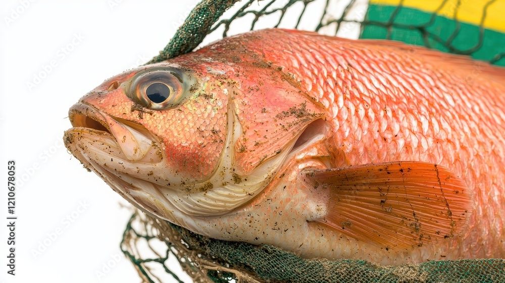 A close-up of a fish caught in a net, showcasing its detailed scales and vibrant colors against a white background.