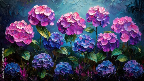 Vibrant pink and purple hydrangeas in full bloom, depicted in an impasto painting style against a dark blue background.