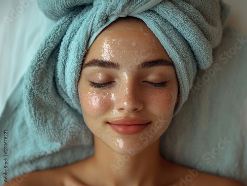 A young woman relaxes with a facial mask and towel on her head. photo