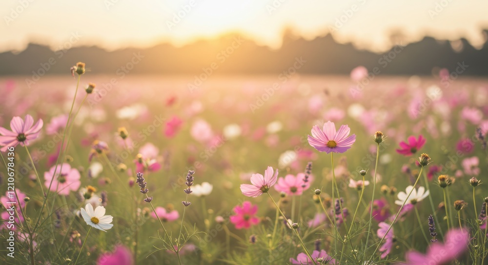 Fototapeta premium Pink Cosmos Flowers Field at Sunset with Golden Light