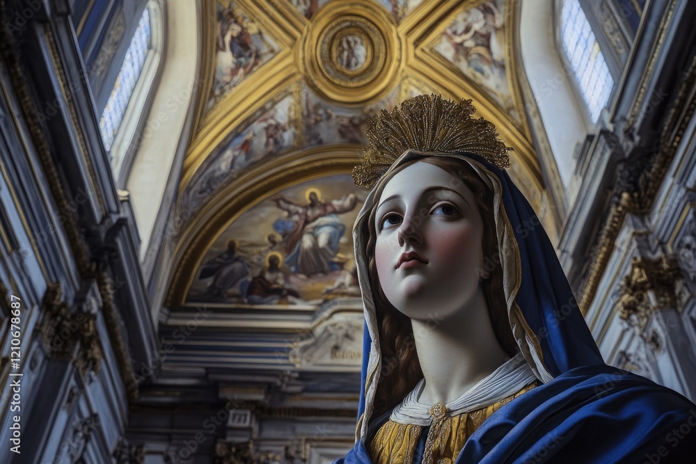 A statue of Virgin Mary in a peaceful church setting A statue of Virgin Mary in a peaceful church setting