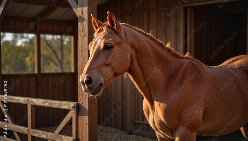 Fototapeta premium Graceful horse standing near wooden stable in warm evening light, minimalist style