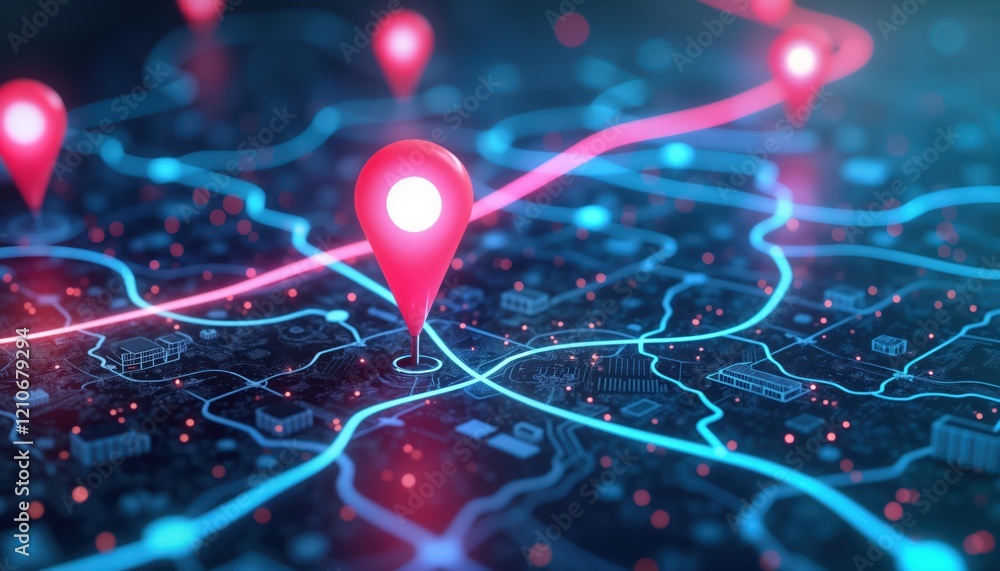 Digital map shows ai tech pins on delivery routes. Future transport logistics displayed. Modern tech, eco concepts combine. Networked urban tech design. Pinpoint precise location. Routes for smart