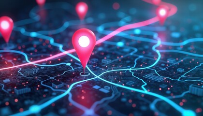 Digital map shows ai tech pins on delivery routes. Future transport logistics displayed. Modern tech, eco concepts combine. Networked urban tech design. Pinpoint precise location. Routes for smart