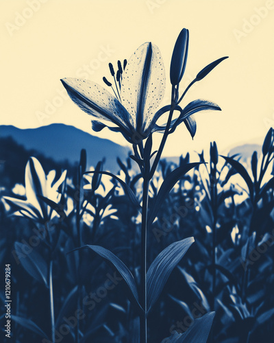 Champs de lys dans un paysage champêtre, en bleu marine sur fond clair, montagnes au loin