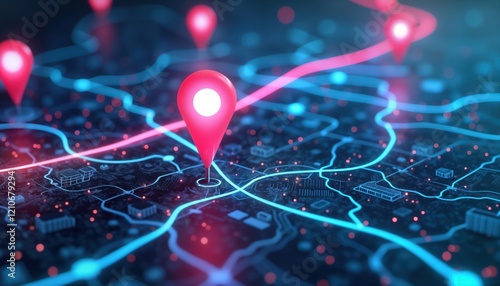 Obraz na płótnie Digital map shows ai tech pins on delivery routes. Future transport logistics displayed. Modern tech, eco concepts combine. Networked urban tech design. Pinpoint precise location. Routes for smart w salonie