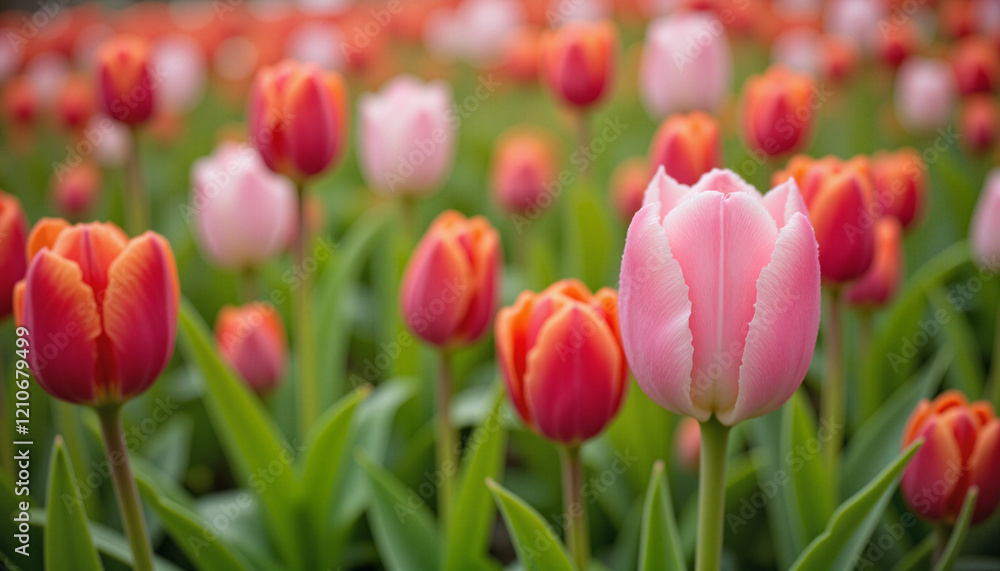 Single pink tulip in focus surrounded by colorful tulip field and vibrant blooms Single pink tulip in focus surrounded by colorful tulip field and vibrant blooms