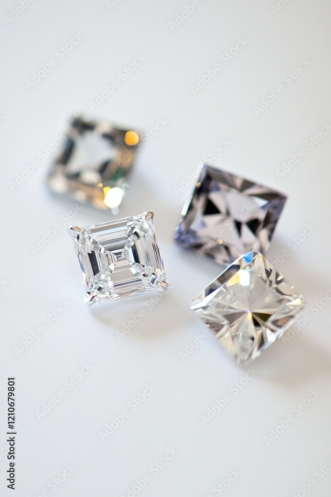 A close-up shot of three diamonds on a white surface, great for jewelry or gemstone related uses A close-up shot of three diamonds on a white surface, great for jewelry or gemstone related uses