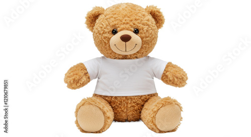 A plush teddy bear with a light brown fur on white background the teddy bear is sitting upright has a round head with two small black eyes and a brown nose wearing a white t-shirt