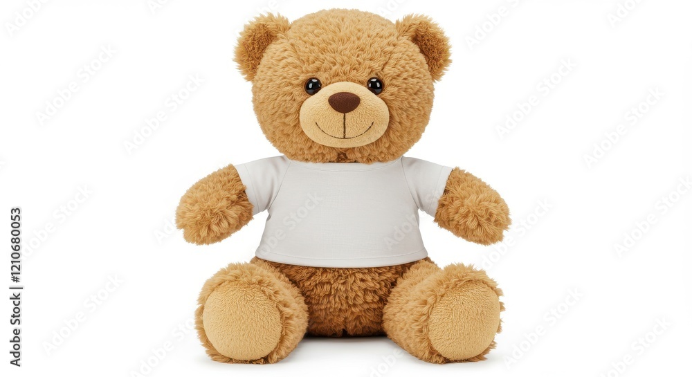 Obraz premium A plush teddy bear with a light brown fur on white background the teddy bear is sitting upright has a round head with two small black eyes and a brown nose wearing a white t-shirt