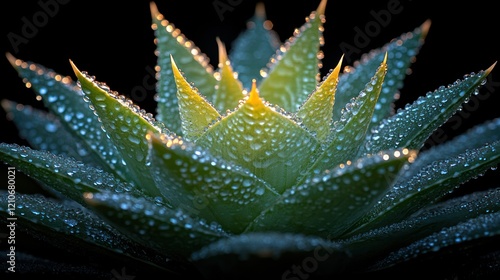an aloe vera plant with thick, dewy leaves, set against a dark background that enhances the plant's vivid green color