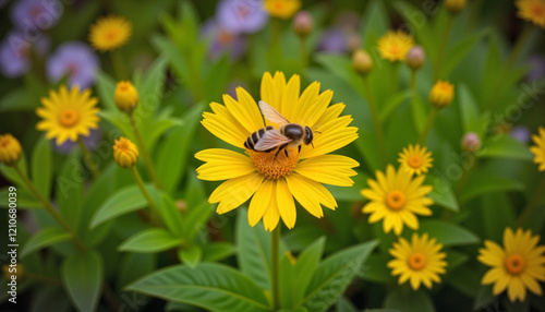 Wallpaper Mural Single bee collecting nectar on vibrant yellow flower surrounded by green foliage Torontodigital.ca