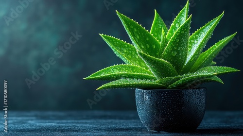 an aloe vera plant with thick, dewy leaves, set against a dark background that enhances the plant's vivid green color