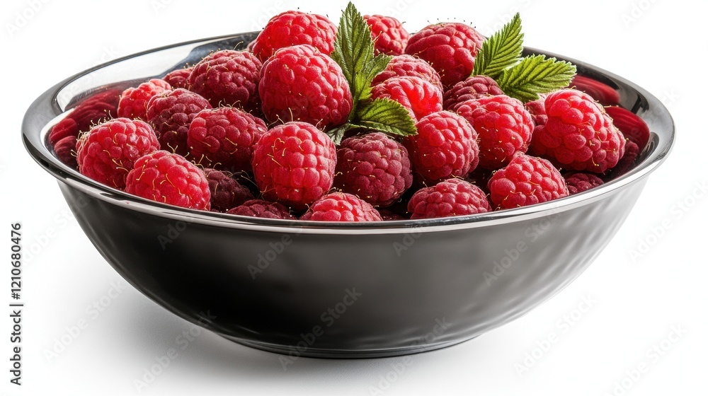 Fresh Red Raspberries in Elegant Black Bowl on White Background Fresh Red Raspberries in Elegant Black Bowl on White Background