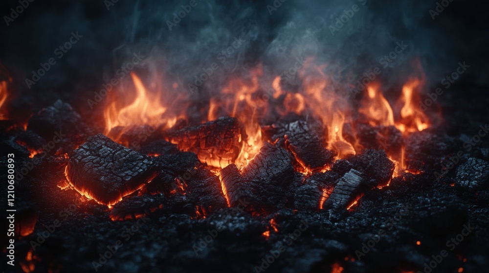 Glowing Ember Logs with Flames and Smoke in Dark Environment Glowing Ember Logs with Flames and Smoke in Dark Environment
