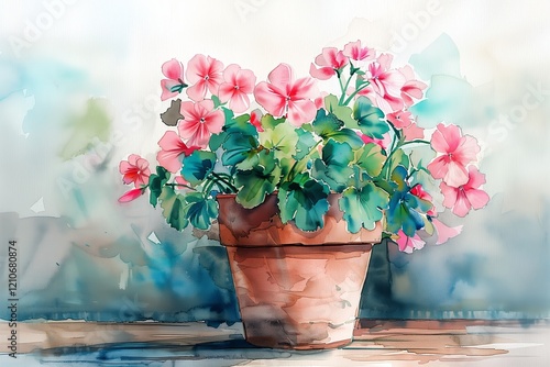 Fototapeta Naklejka Na Ścianę i Meble -  A beautiful watercolor painting of pink flowers in a terracotta pot on a soft background.