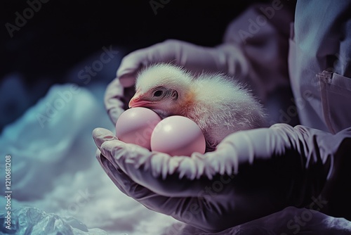 A scientist gently cradles a fluffy chick and eggs, symbolizing care, nurturing, and the marvel of life. photo